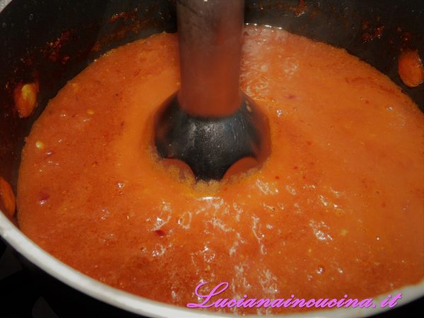 Cuocere per circa 10 - 15 minuti poi spegnere e lasciar intiepidire la salsa.  Infine aggiungere la senape e frullare tutto con il mixer ad immersione.