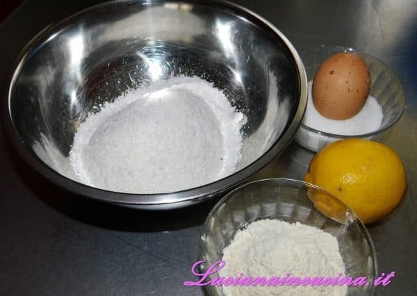 Nel mixer sbattere le uova, lo zucchero e il pizzico di sale. Aggiungere la scorza grattugiata del limone, il cocco rapè ed infine la farina setacciata.