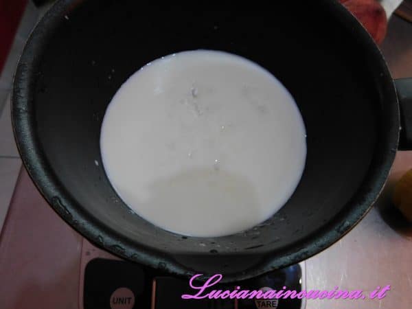 In un pentolino versare  50 gr. di  zucchero, la fecola di patate,  il latte e cuocere a fuoco moderato fino ad ottenere la consistenza di una crema.