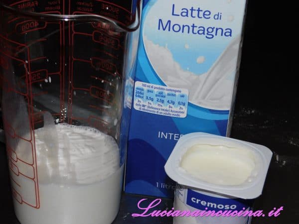 In un contenitore adatto al frullatore ad immersione unire il latte, la panna e lo yogurt.