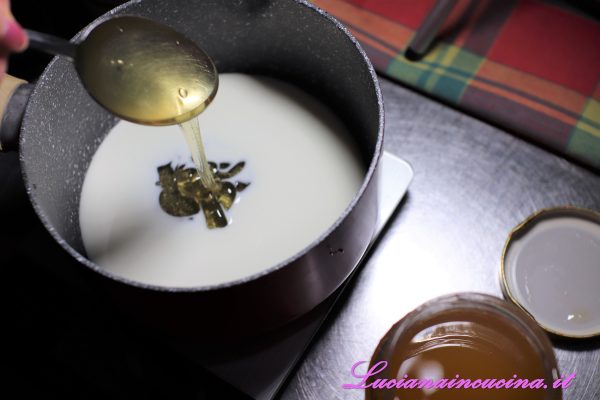 Scaldare il latte in un pentolino insieme alla bacca di vaniglia, quindi aggiungere la gelatina precedentemente ammollata in acqua e strizzata e farla sciogliere, infine inserire il miele.